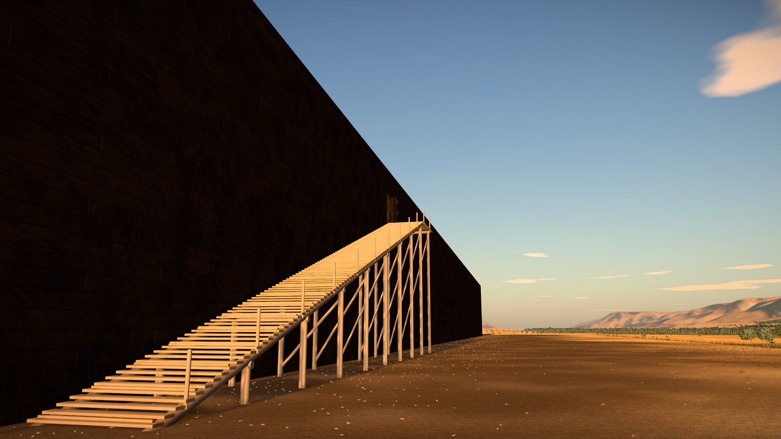 Looking along the ark's dark river side in the evening sun: a long ramp of poles and planks climbs beside the wall to the door, high up near the top of the side, with the valley and hills beyond.