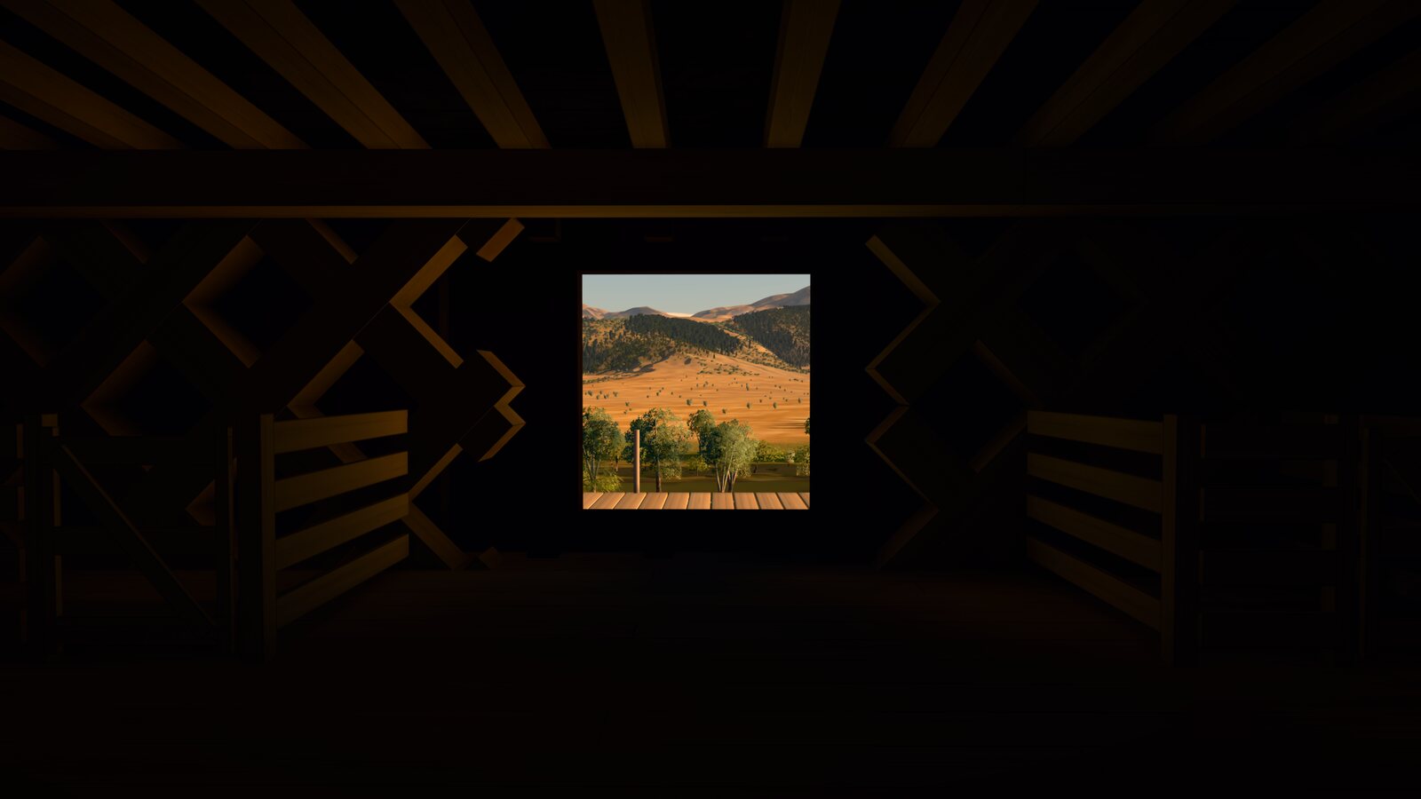 From inside the ark's third storey, looking out through the square doorway: the door's timber frame in shadow, and beyond it the sunlit valley and the hills.