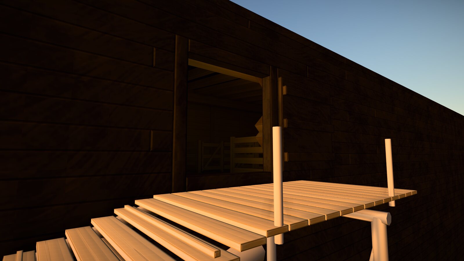 From the ramp's last steps: the planked landing, and the open doorway in the ark's dark wall, its timber frame around it and the pens of the third storey dim inside.
