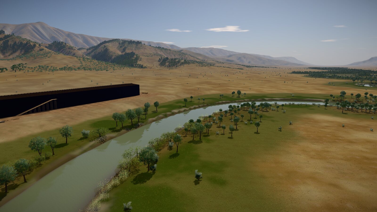 The river's bend near the building site, with trees along both banks, and the dark ark on its site beyond, the hills behind.