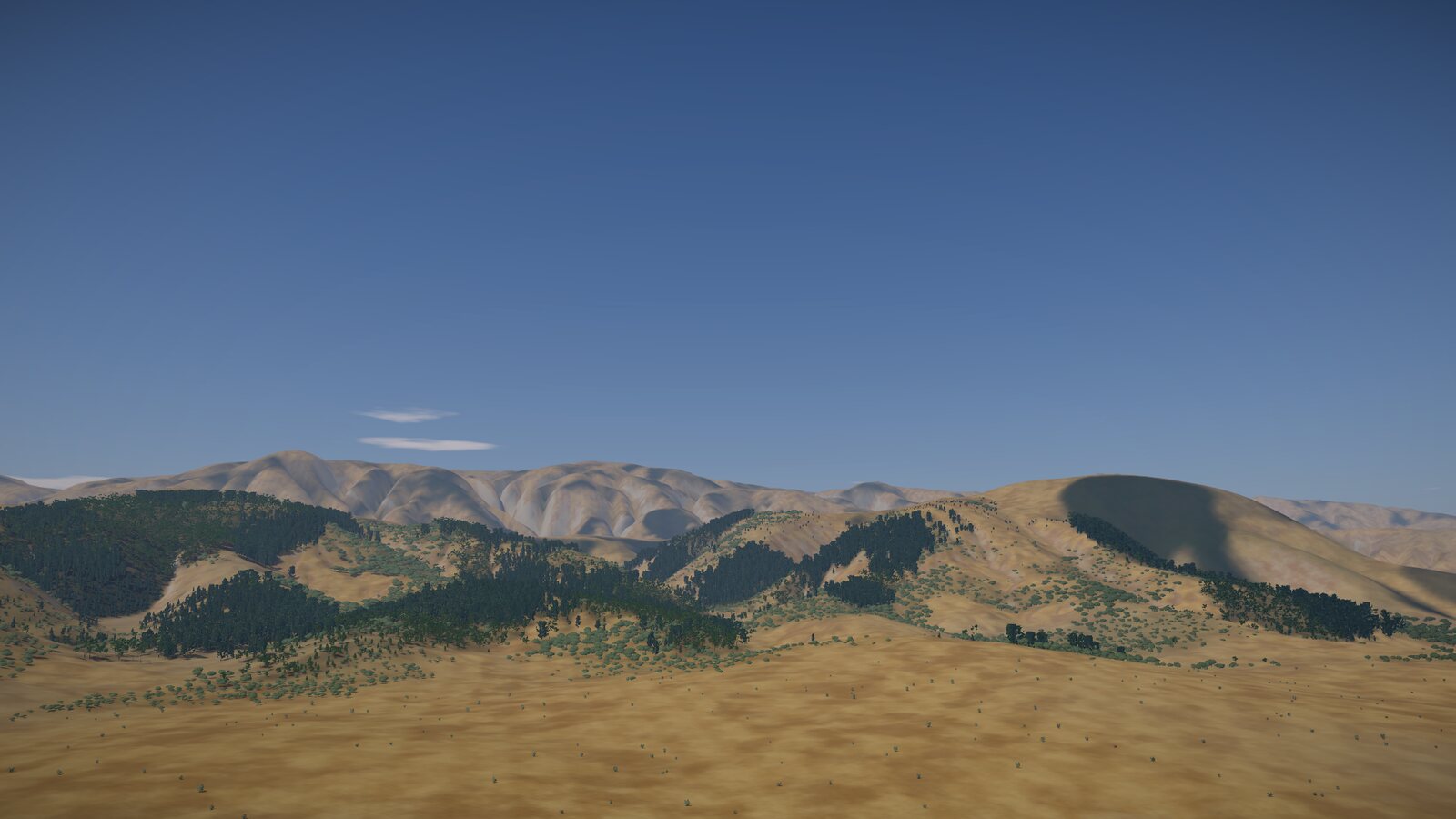 Hills above the valley floor, with dark groves of wild cypress and pine on their steep slopes and open ground below.