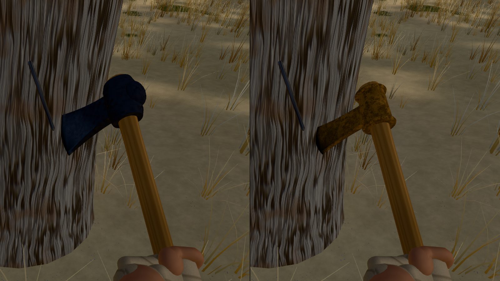 Two first-person views side by side: on the left the dark forged head of the iron axe, on the right the golden-brown cast head of the bronze axe, each held in a linen-wrapped hand against the valley.