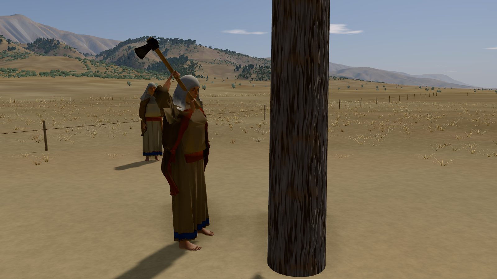 Ham's wife, in a long brown dress, mantle and head covering, raising an axe over her shoulder beside a cypress trunk, with Noah's wife standing behind her.