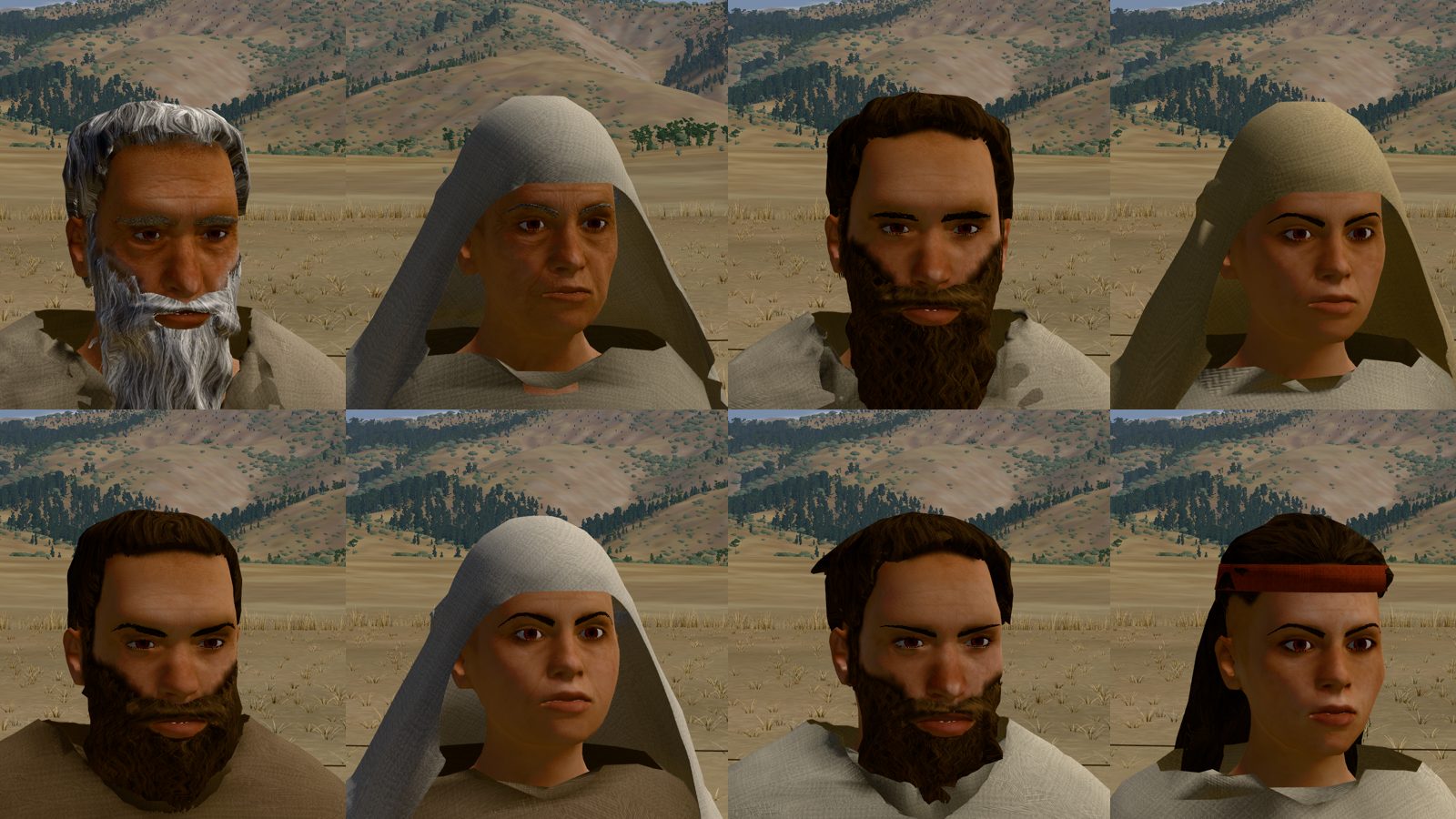 Eight faces in two rows: Noah with a long grey beard; Shem, Ham and Japheth with dark beards of different lengths; Noah's wife and two of the sons' wives in head coverings; and Japheth's wife with a red headband.