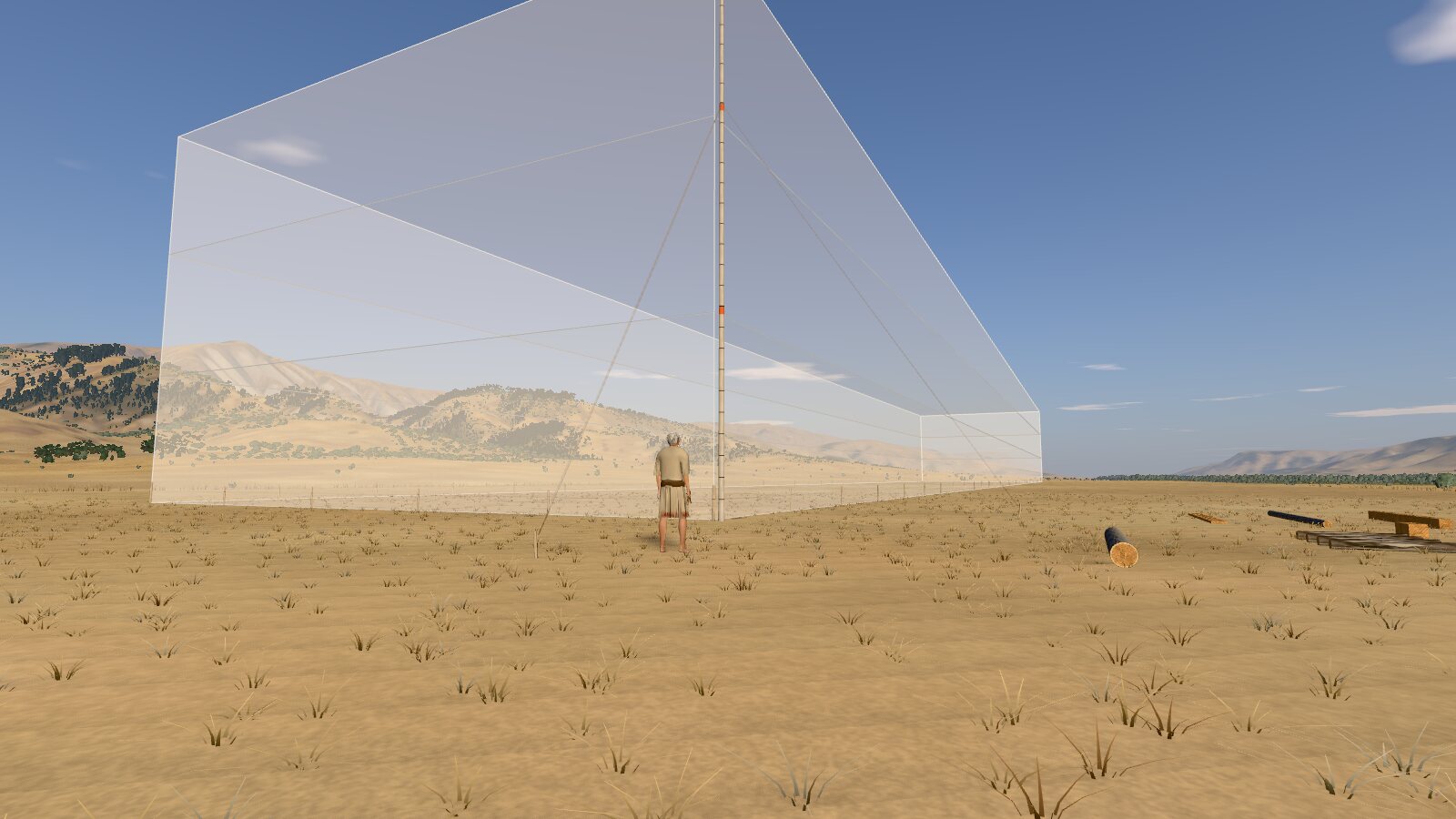 Noah stands at the corner of the staked-out site beside a tall marked pole; a pale see-through box the size of the finished ark rises behind him.