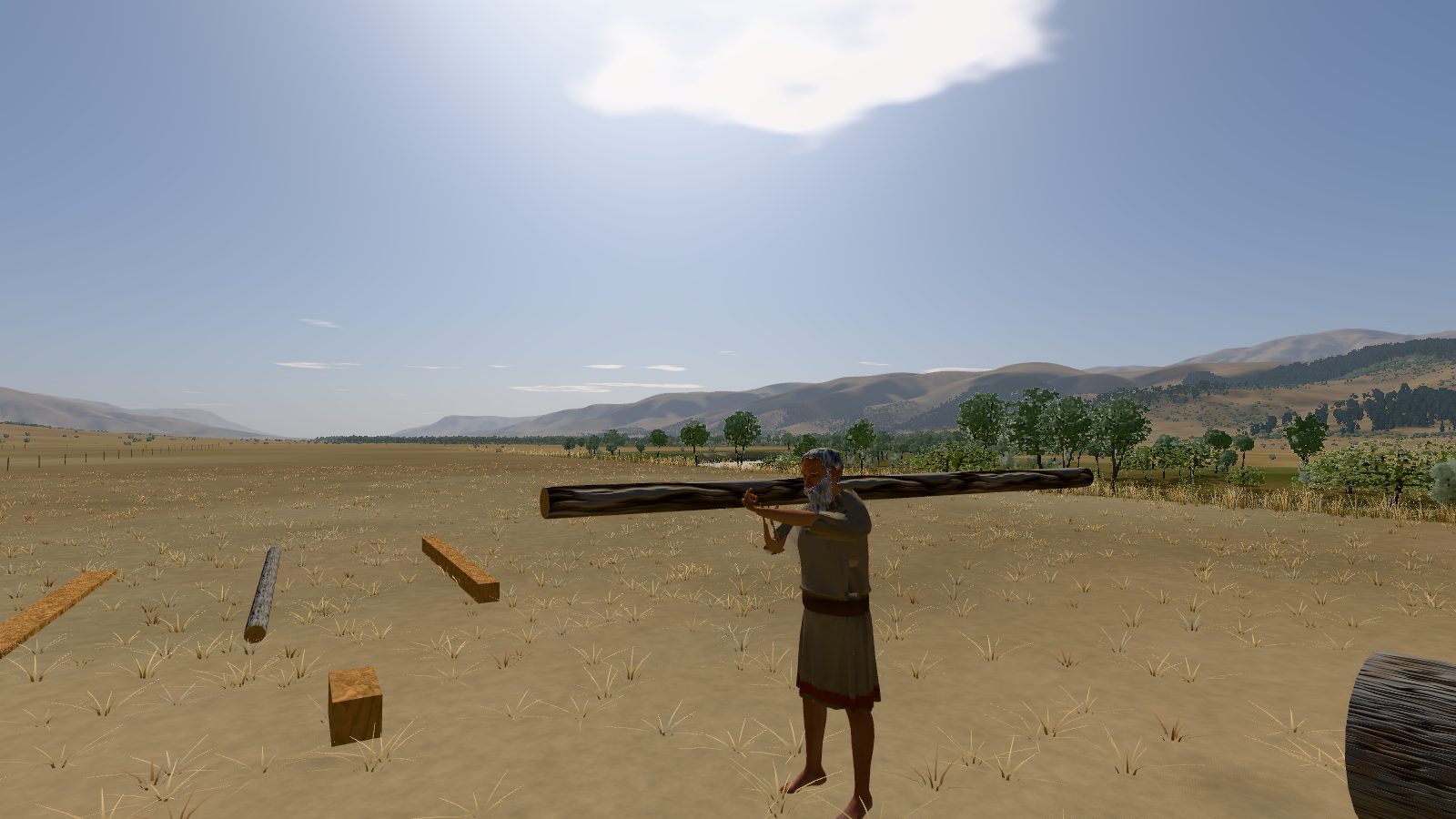 Noah in his girded tunic, seen from the front in the valley, carrying a long poplar pole on his right shoulder, his hands on it; other test timbers lie on the ground around him.