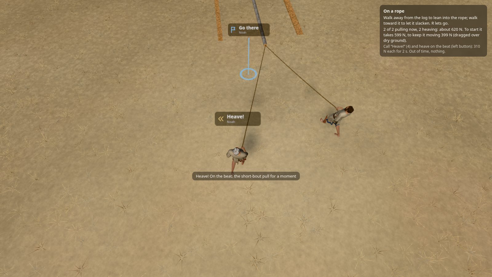Noah and Shem, seen from above, each leaning back on a rope tied to the end of the pole; a call bubble reads "Heave!", and a blue marker stands on the ground ahead of them.