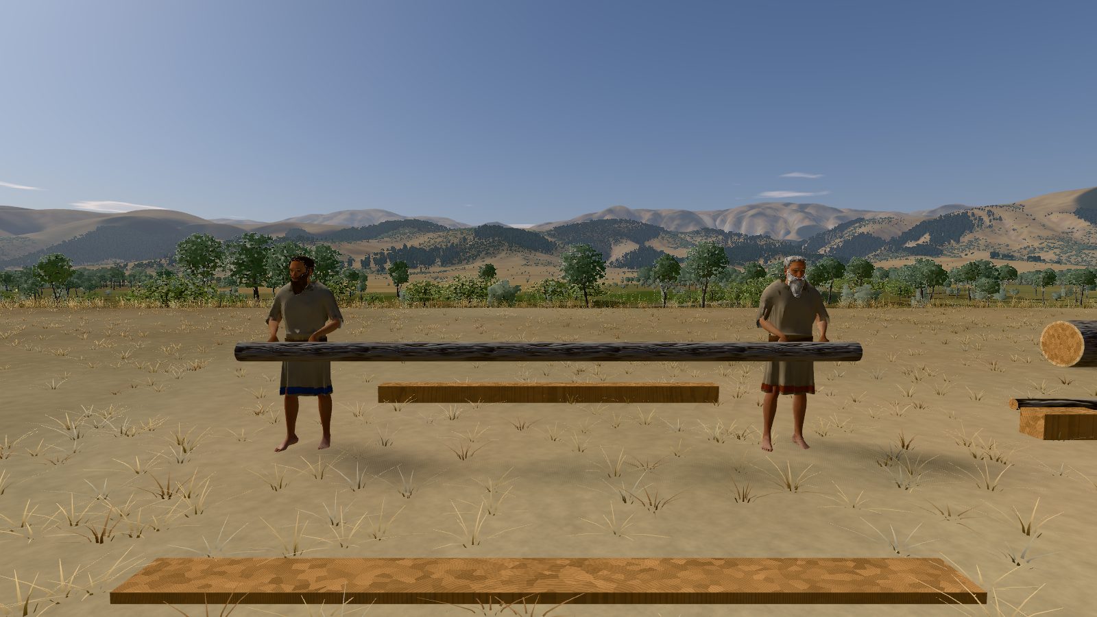 Shem and Noah standing on the dry building site, one at each end of a long cypress pole they hold up level at their hips; a squared beam and a plank lie on the ground near them.