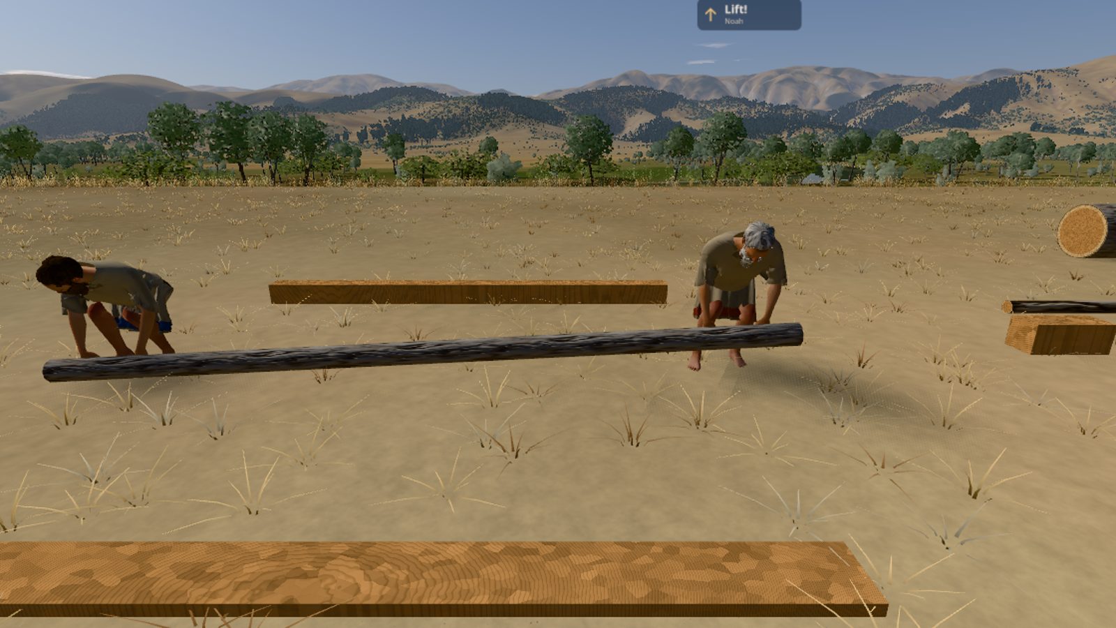 Noah, stooped with his hands on his end of the pole, has lifted it so that the pole slopes up from the ground, while Shem at the other end is still bent over it; a call bubble above reads "Lift!".