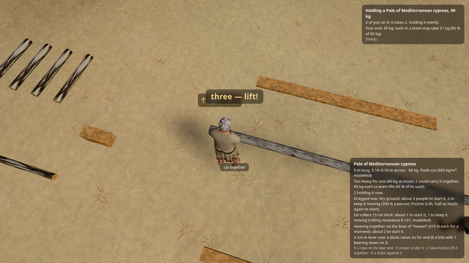 Noah, seen from above and behind, holding one end of a long pole on the ground; large letters over him read "three — lift!", and a panel says the pole weighs 90 kg, two hold it, and each may take 51 kg.