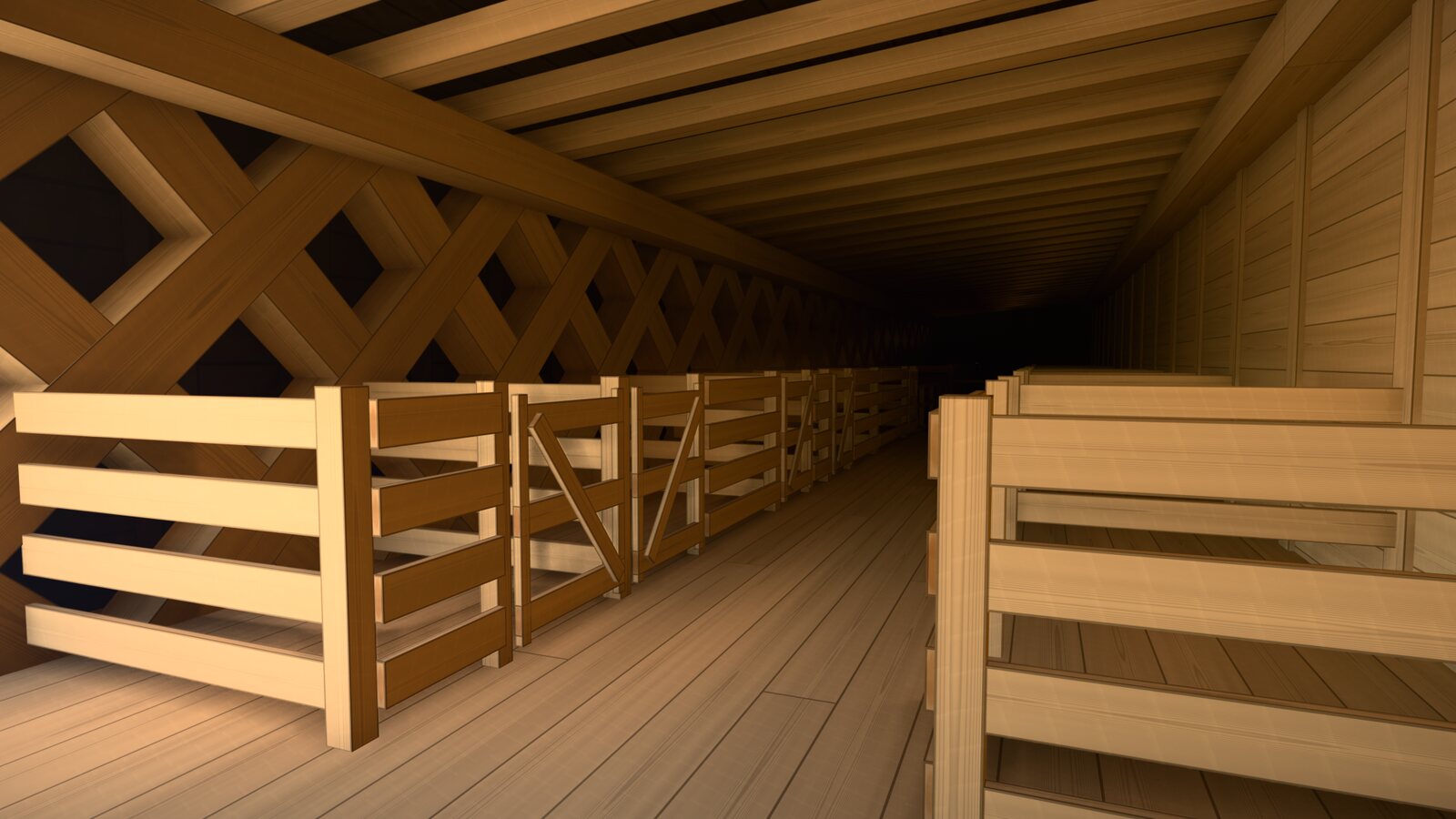 Inside the third storey: on the left, the hull's side, its planking and ribs dark with pitch behind a lattice of pale diagonal riders; pale raw pens along the aisle; above, the roof's dark underside between pale rafters.