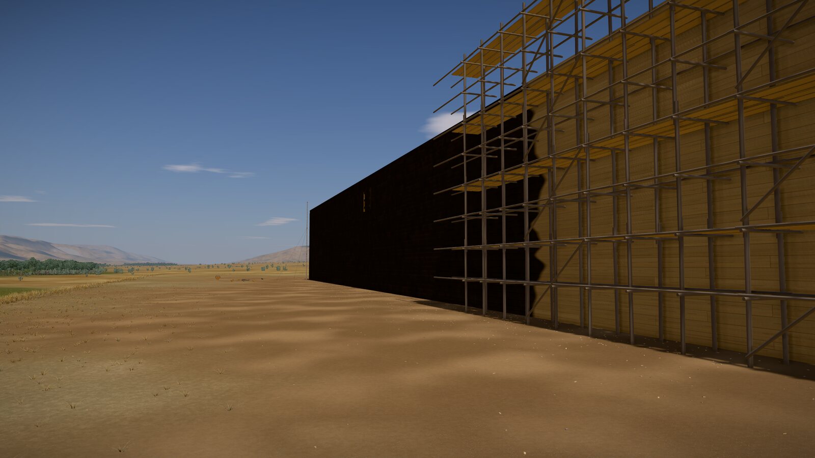 The ark's long side while it is being pitched: the far part already black, the near part still pale cypress planking behind its scaffolding of poles.