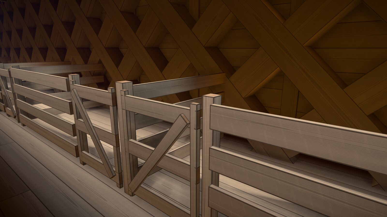 A close view of one pen: four horizontal boards with gaps between them on square posts, and a braced board gate opening onto the aisle.