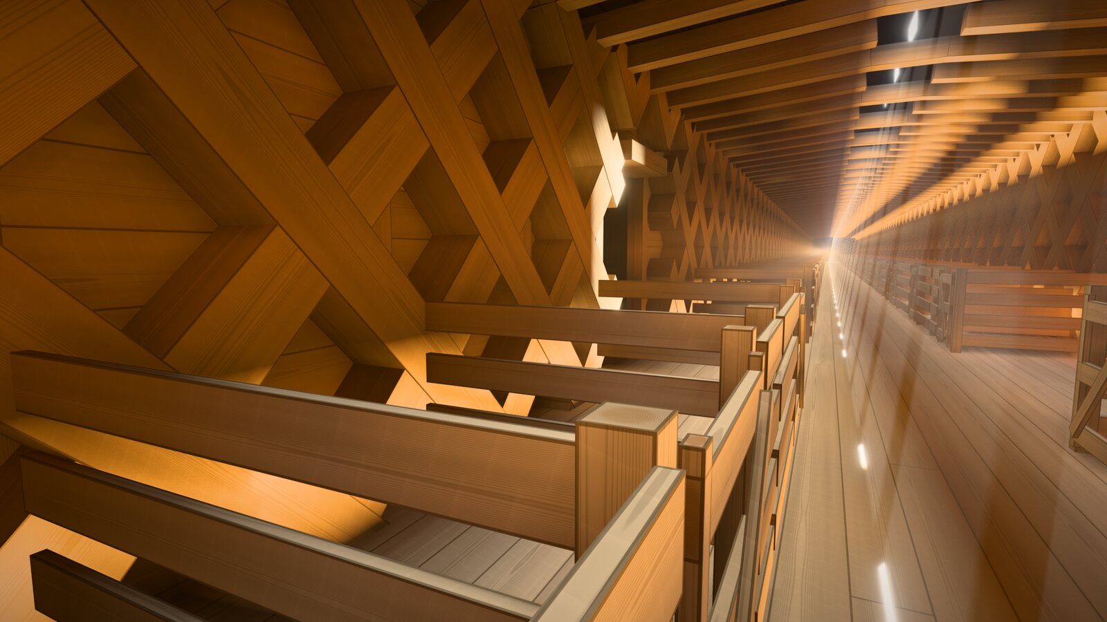 One of the long walls inside the ark, planked and crossed by heavy diagonal timbers in X shapes, with slatted pens built against it.