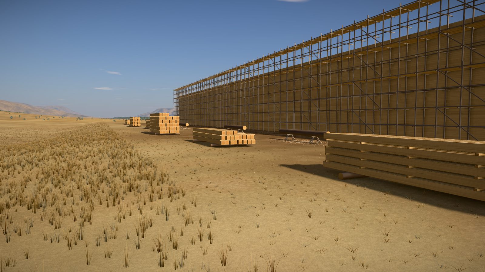 Stacks of squared timber beside the ark's planked side: long hewn beams laid in layers on round bearers, with thin sticks between the layers, and a log on trestles waiting to be hewn.
