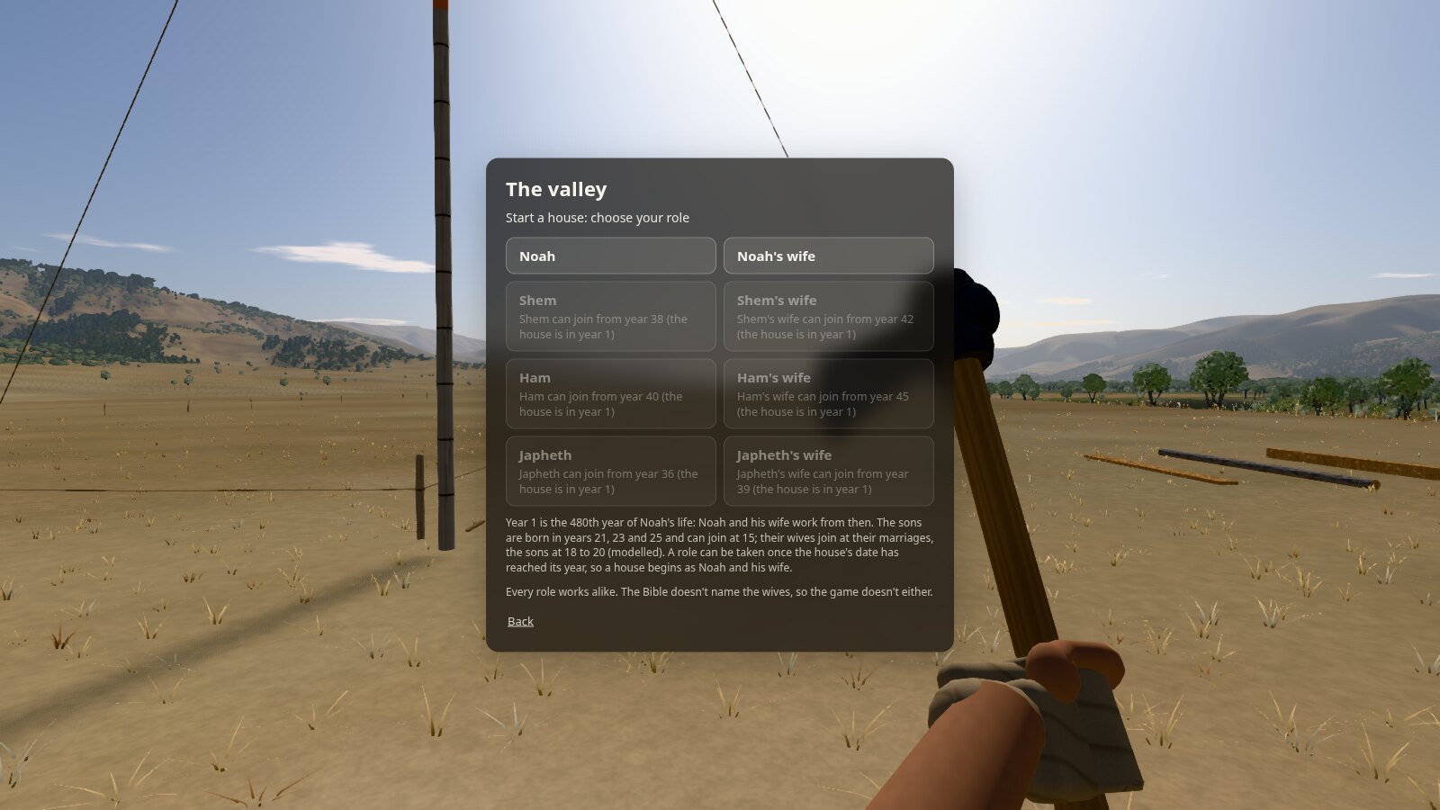 The game's way in: "Start a house: choose your role", with Noah and Noah's wife open, the sons and their wives greyed out with the year each can join, and no box for a name.