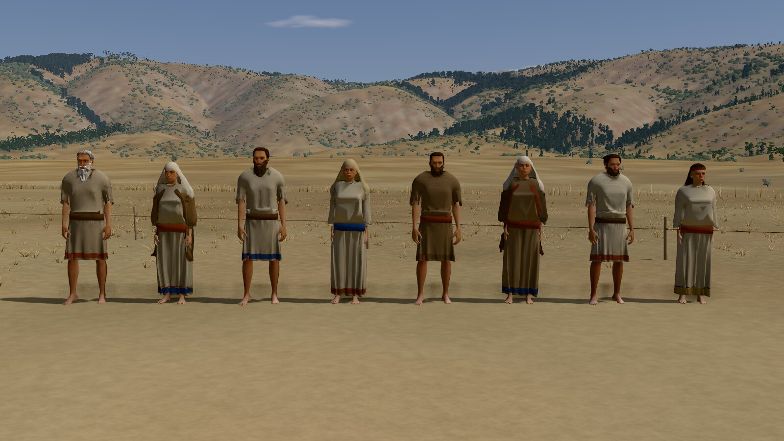 Eight people of different heights standing in a row on dry ground below wooded hills: four bearded men in girded knee-length tunics and four women in long dresses, most with head coverings, all in undyed linen and wool with a few red and blue bands.
