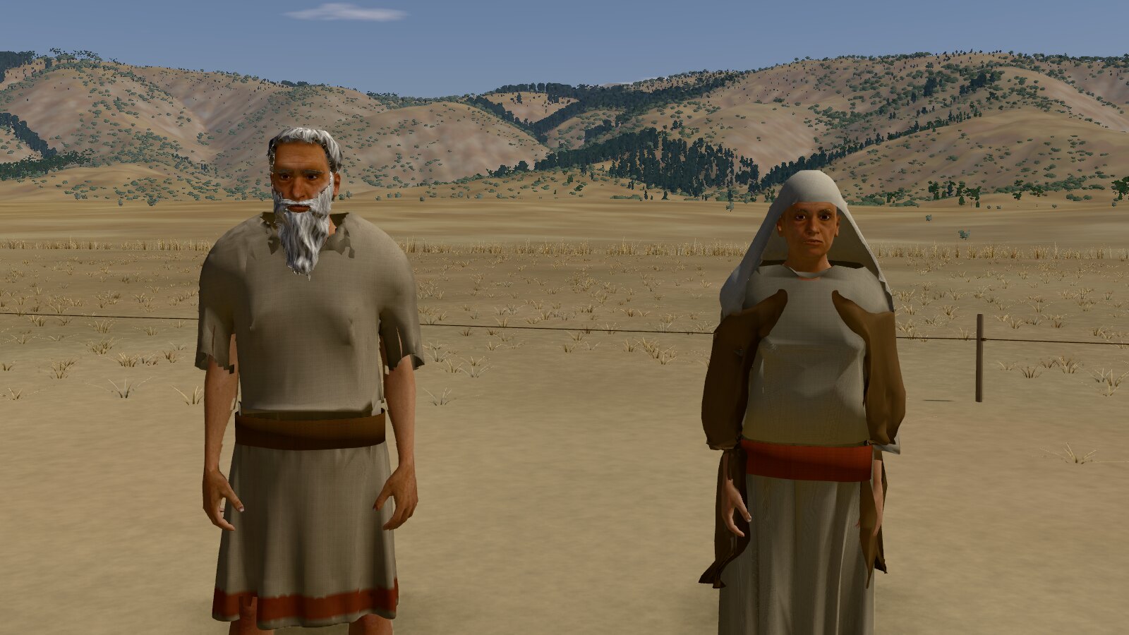 Noah, grey-bearded in a girded wool tunic, and his wife, in a long linen dress, head covering and mantle, side by side in the game's valley.