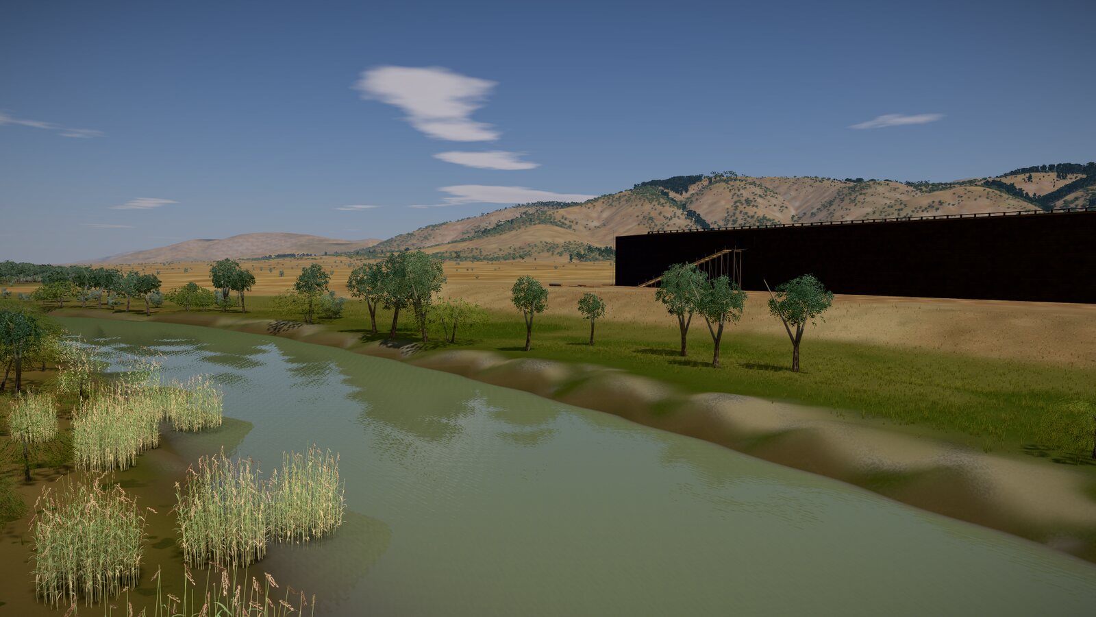 A bend of the river in the game's valley: reeds standing in the shallows, trees along the bank, and the dark ark far off on its site.