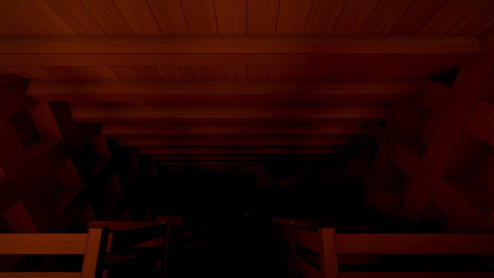 The ark's lowest storey in dim, reddish light: the beams and planks of the deck above close overhead, X-braced riders at the sides, and the tops of pens either side of an aisle that fades into the dark.