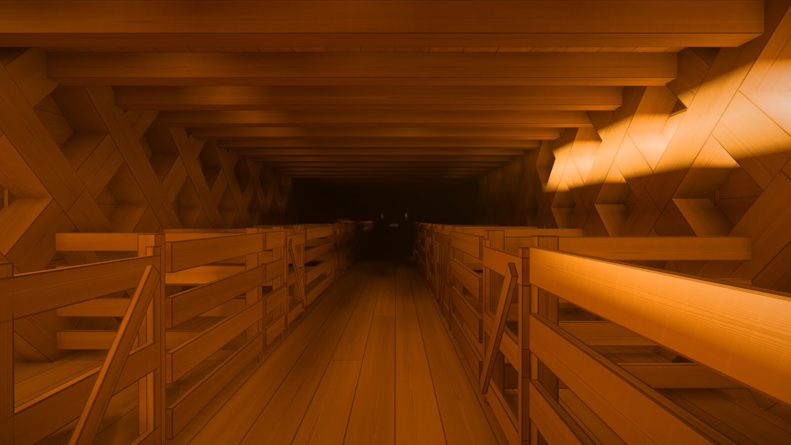 The ark's middle storey: an aisle between rows of pens with slatted wooden partitions and gates, under heavy beams close overhead.