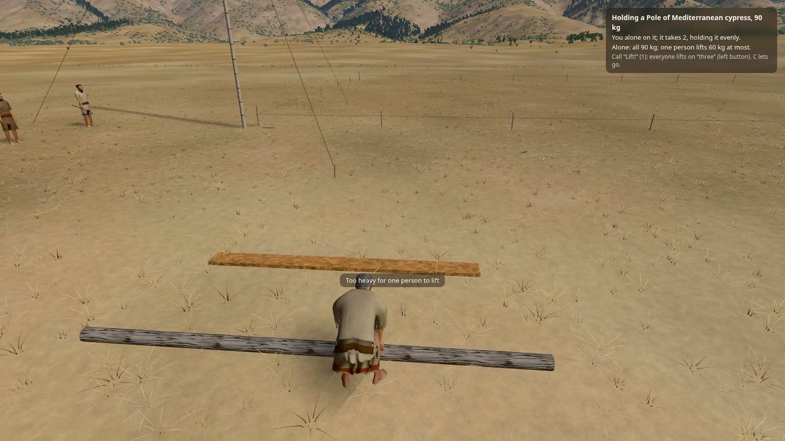 Noah alone, crouched at the middle of a long cypress pole lying on the ground, unable to lift it; on screen: "Too heavy for one person to lift", and a panel saying it takes two.