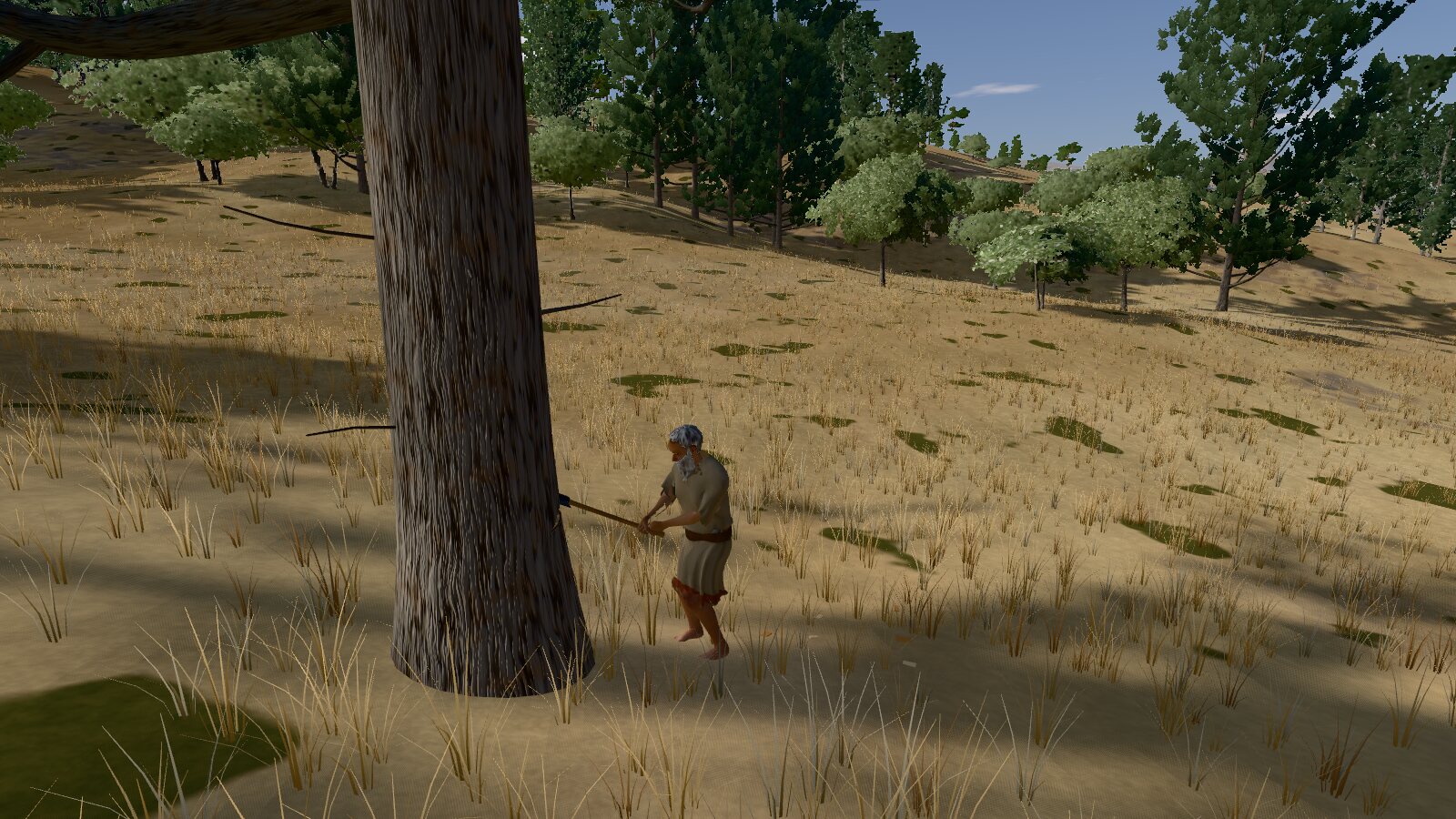 Noah, seen from behind and above, swings an axe into the trunk of a large cypress on a grassy slope at the edge of a grove.