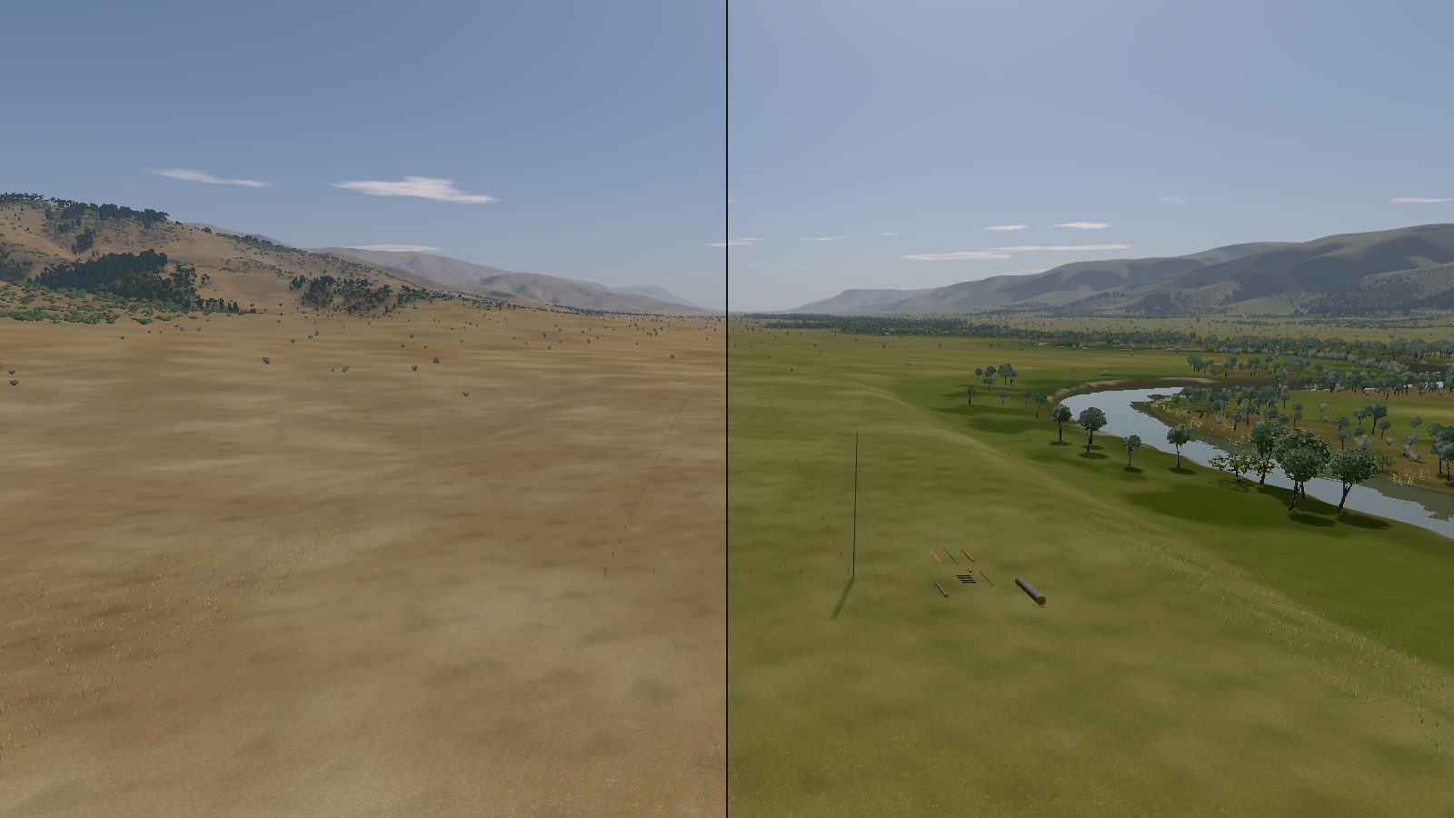 One view over the building site and the river, split down the middle: the left half in late summer, the grass cured gold; the right half in spring, the same ground green.